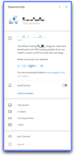 A example of broker promotion in the Telegram channel information section.