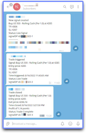 Example of how to structure a trading signal in Telegram.