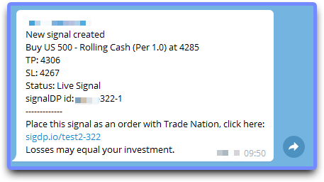 An example of a Telegram message with a link through to an order ticket on mobile.