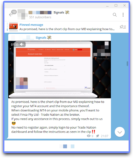An example of a pinned Telegram post outlining the benefits of a particular broker.